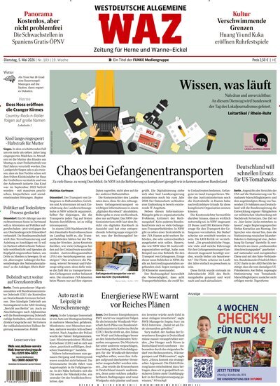 Titelbild der Ausgabe 103/2026 von WAZ Westdeutsche Allgemeine Zeitung für Herne. Diese Zeitschrift und viele weitere Zeitungsabos als Abo oder epaper bei United Kiosk online kaufen.