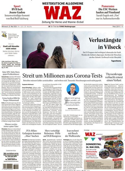 Titelbild der Ausgabe 110/2026 von WAZ Westdeutsche Allgemeine Zeitung für Herne. Diese Zeitschrift und viele weitere Zeitungsabos als Abo oder epaper bei United Kiosk online kaufen.