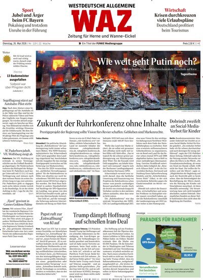 Titelbild der Ausgabe 119/2026 von WAZ Westdeutsche Allgemeine Zeitung für Herne. Diese Zeitschrift und viele weitere Zeitungsabos als Abo oder epaper bei United Kiosk online kaufen.