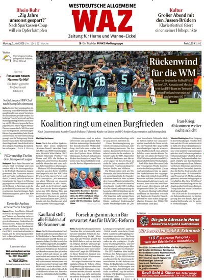 Titelbild der Ausgabe 124/2026 von WAZ Westdeutsche Allgemeine Zeitung für Herne. Diese Zeitschrift und viele weitere Zeitungsabos als Abo oder epaper bei United Kiosk online kaufen.