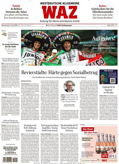 Titelbild der Ausgabe 132/2026 von WAZ Westdeutsche Allgemeine Zeitung für Herne. Diese Zeitschrift und viele weitere Zeitungsabos als Abo oder epaper bei United Kiosk online kaufen.