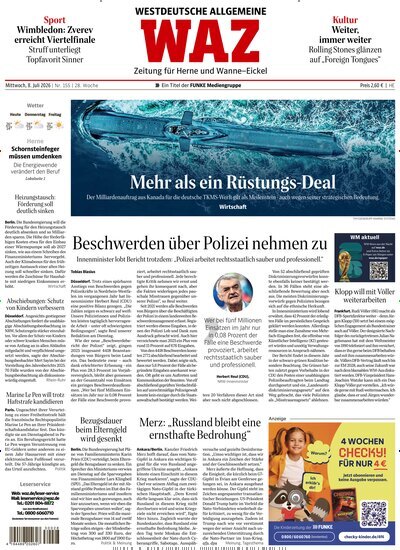 Titelbild der Ausgabe 155/2026 von WAZ Westdeutsche Allgemeine Zeitung für Herne. Diese Zeitschrift und viele weitere Zeitungsabos als Abo oder epaper bei United Kiosk online kaufen.