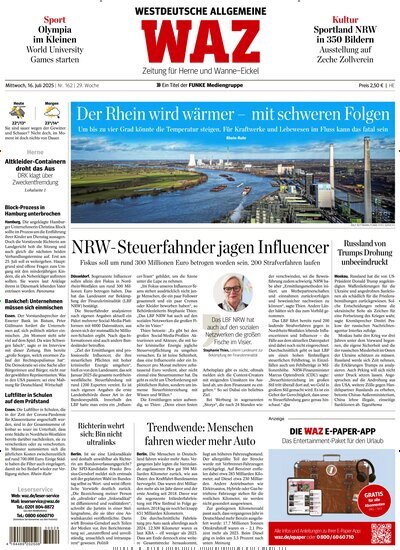 Titelbild der Ausgabe 162/2025 von WAZ Westdeutsche Allgemeine Zeitung für Herne. Diese Zeitschrift und viele weitere Zeitungsabos als Abo oder epaper bei United Kiosk online kaufen.