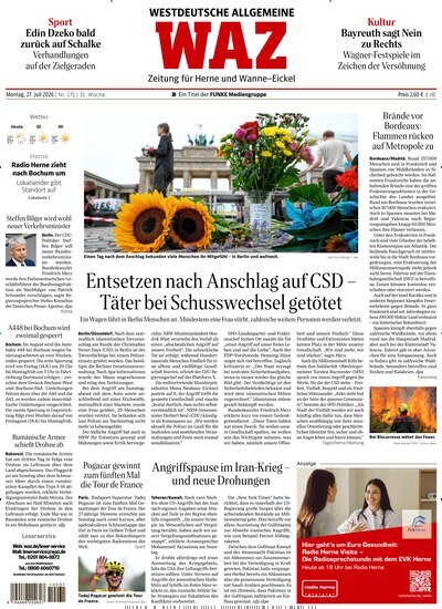 Titelbild der Ausgabe 171/2026 von WAZ Westdeutsche Allgemeine Zeitung für Herne. Diese Zeitschrift und viele weitere Zeitungsabos als Abo oder epaper bei United Kiosk online kaufen.