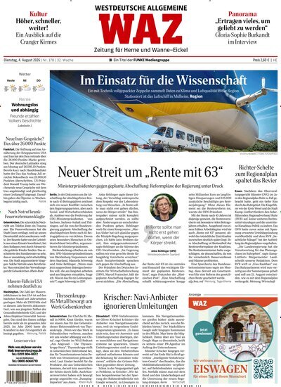 Titelbild der Ausgabe 178/2026 von WAZ Westdeutsche Allgemeine Zeitung für Herne. Diese Zeitschrift und viele weitere Zeitungsabos als Abo oder epaper bei United Kiosk online kaufen.