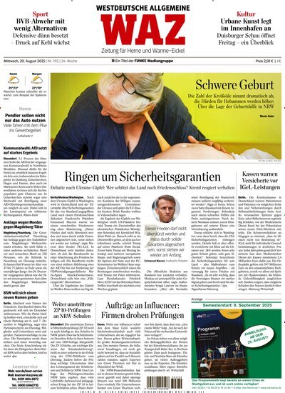 Titelbild der Ausgabe 192/2025 von WAZ Westdeutsche Allgemeine Zeitung für Herne. Diese Zeitschrift und viele weitere Zeitungsabos als Abo oder epaper bei United Kiosk online kaufen.