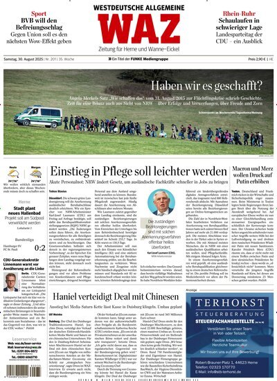 Titelbild der Ausgabe 201/2025 von WAZ Westdeutsche Allgemeine Zeitung für Herne. Diese Zeitschrift und viele weitere Zeitungsabos als Abo oder epaper bei United Kiosk online kaufen.