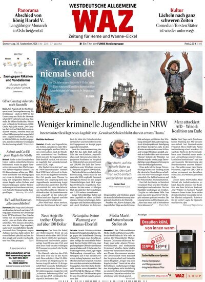 Titelbild der Ausgabe 210/2026 von WAZ Westdeutsche Allgemeine Zeitung für Herne. Diese Zeitschrift und viele weitere Zeitungsabos als Abo oder epaper bei United Kiosk online kaufen.