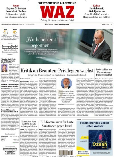 Titelbild der Ausgabe 217/2025 von WAZ Westdeutsche Allgemeine Zeitung für Herne. Diese Zeitschrift und viele weitere Zeitungsabos als Abo oder epaper bei United Kiosk online kaufen.