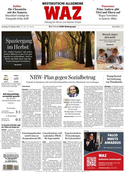 Titelbild der Ausgabe 242/2025 von WAZ Westdeutsche Allgemeine Zeitung für Herne. Diese Zeitschrift und viele weitere Zeitungsabos als Abo oder epaper bei United Kiosk online kaufen.