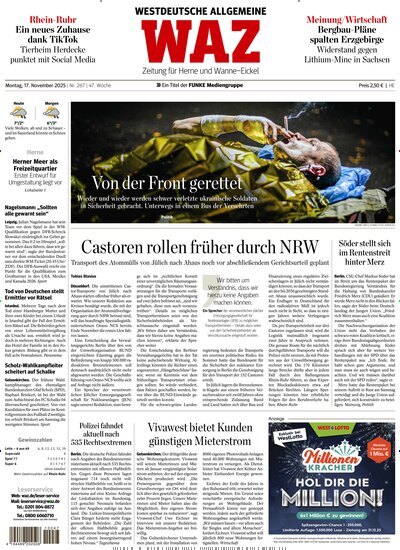 Titelbild der Ausgabe 266/2025 von WAZ Westdeutsche Allgemeine Zeitung für Herne. Diese Zeitschrift und viele weitere Zeitungsabos als Abo oder epaper bei United Kiosk online kaufen.