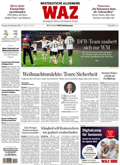 Titelbild der Ausgabe 267/2025 von WAZ Westdeutsche Allgemeine Zeitung für Herne. Diese Zeitschrift und viele weitere Zeitungsabos als Abo oder epaper bei United Kiosk online kaufen.