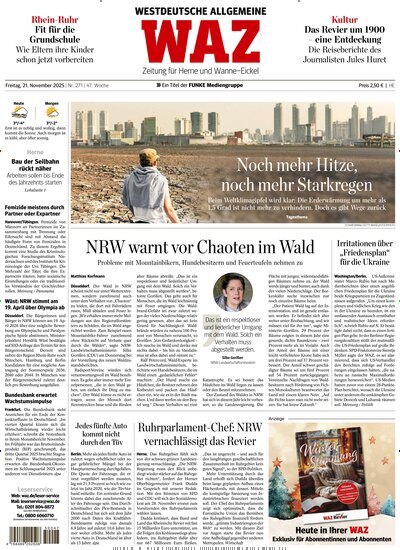 Titelbild der Ausgabe 270/2025 von WAZ Westdeutsche Allgemeine Zeitung für Herne. Diese Zeitschrift und viele weitere Zeitungsabos als Abo oder epaper bei United Kiosk online kaufen.