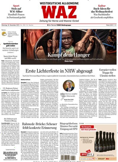 Titelbild der Ausgabe 292/2025 von WAZ Westdeutsche Allgemeine Zeitung für Herne. Diese Zeitschrift und viele weitere Zeitungsabos als Abo oder epaper bei United Kiosk online kaufen.