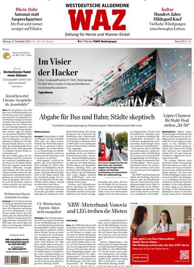 Titelbild der Ausgabe 297/2025 von WAZ Westdeutsche Allgemeine Zeitung für Herne. Diese Zeitschrift und viele weitere Zeitungsabos als Abo oder epaper bei United Kiosk online kaufen.
