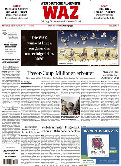 Titelbild der Ausgabe 303/2025 von WAZ Westdeutsche Allgemeine Zeitung für Herne. Diese Zeitschrift und viele weitere Zeitungsabos als Abo oder epaper bei United Kiosk online kaufen.