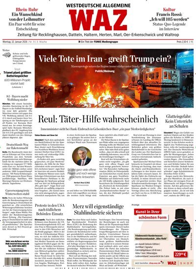 Titelbild der Ausgabe 9/2026 von WAZ Westdeutsche Allgemeine Zeitung für Recklinghausen. Diese Zeitschrift und viele weitere Zeitungsabos als Abo oder epaper bei United Kiosk online kaufen.