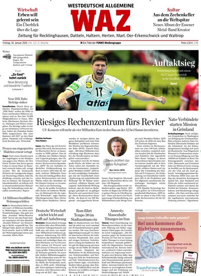 Titelbild der Ausgabe 13/2026 von WAZ Westdeutsche Allgemeine Zeitung für Recklinghausen. Diese Zeitschrift und viele weitere Zeitungsabos als Abo oder epaper bei United Kiosk online kaufen.