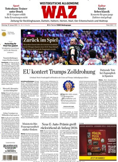 Titelbild der Ausgabe 16/2026 von WAZ Westdeutsche Allgemeine Zeitung für Recklinghausen. Diese Zeitschrift und viele weitere Zeitungsabos als Abo oder epaper bei United Kiosk online kaufen.