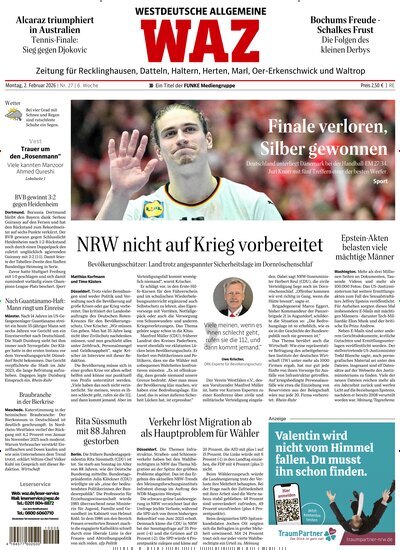 Titelbild der Ausgabe 27/2026 von WAZ Westdeutsche Allgemeine Zeitung für Recklinghausen. Diese Zeitschrift und viele weitere Zeitungsabos als Abo oder epaper bei United Kiosk online kaufen.