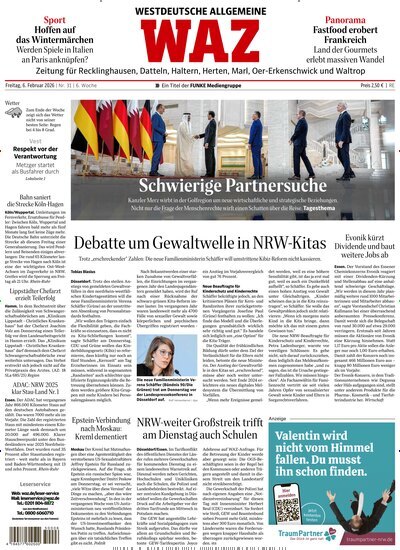 Titelbild der Ausgabe 31/2026 von WAZ Westdeutsche Allgemeine Zeitung für Recklinghausen. Diese Zeitschrift und viele weitere Zeitungsabos als Abo oder epaper bei United Kiosk online kaufen.