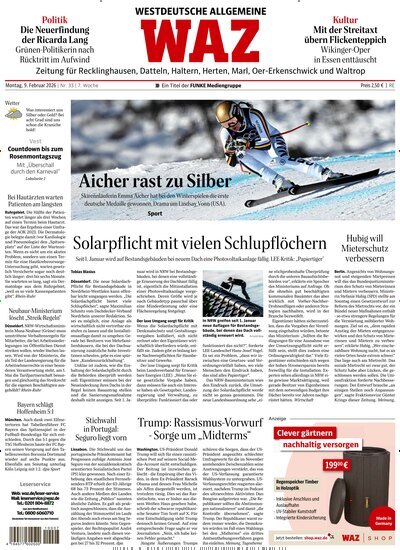 Titelbild der Ausgabe 33/2026 von WAZ Westdeutsche Allgemeine Zeitung für Recklinghausen. Diese Zeitschrift und viele weitere Zeitungsabos als Abo oder epaper bei United Kiosk online kaufen.