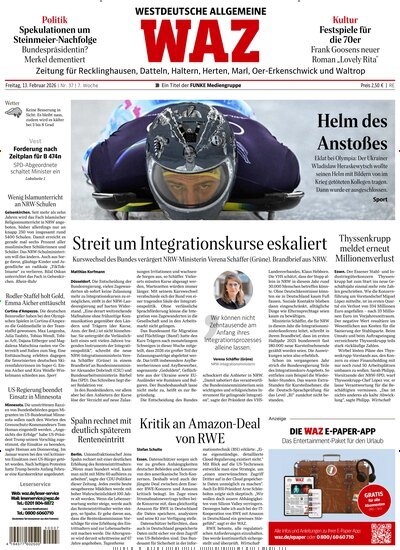 Titelbild der Ausgabe 37/2026 von WAZ Westdeutsche Allgemeine Zeitung für Recklinghausen. Diese Zeitschrift und viele weitere Zeitungsabos als Abo oder epaper bei United Kiosk online kaufen.