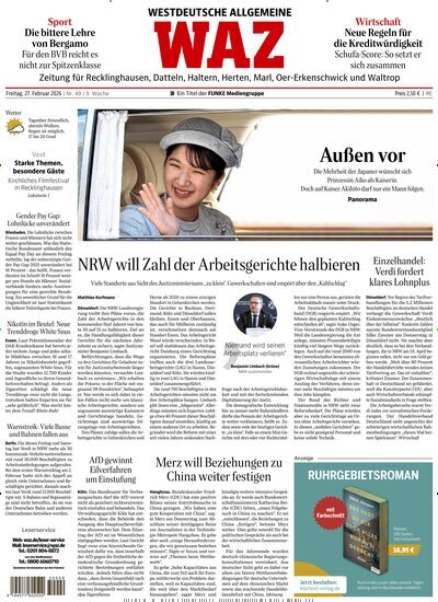 Titelbild der Ausgabe 49/2026 von WAZ Westdeutsche Allgemeine Zeitung für Recklinghausen. Diese Zeitschrift und viele weitere Zeitungsabos als Abo oder epaper bei United Kiosk online kaufen.