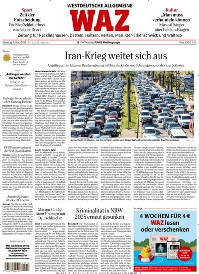 Titelbild der Ausgabe 52/2026 von WAZ Westdeutsche Allgemeine Zeitung für Recklinghausen. Diese Zeitschrift und viele weitere Zeitungsabos als Abo oder epaper bei United Kiosk online kaufen.