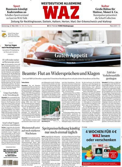 Titelbild der Ausgabe 60/2026 von WAZ Westdeutsche Allgemeine Zeitung für Recklinghausen. Diese Zeitschrift und viele weitere Zeitungsabos als Abo oder epaper bei United Kiosk online kaufen.