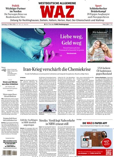 Titelbild der Ausgabe 62/2026 von WAZ Westdeutsche Allgemeine Zeitung für Recklinghausen. Diese Zeitschrift und viele weitere Zeitungsabos als Abo oder epaper bei United Kiosk online kaufen.