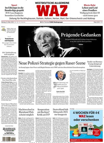 Titelbild der Ausgabe 63/2026 von WAZ Westdeutsche Allgemeine Zeitung für Recklinghausen. Diese Zeitschrift und viele weitere Zeitungsabos als Abo oder epaper bei United Kiosk online kaufen.