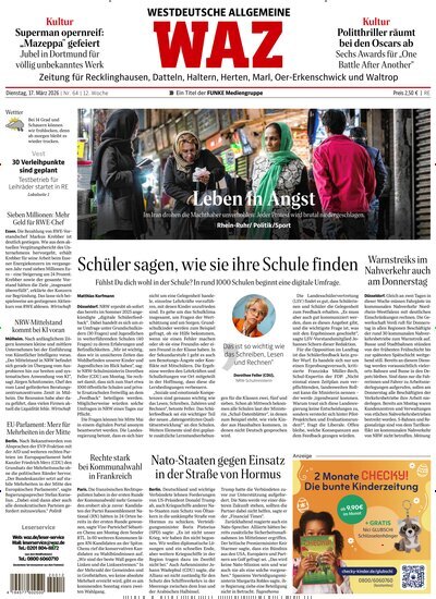Titelbild der Ausgabe 64/2026 von WAZ Westdeutsche Allgemeine Zeitung für Recklinghausen. Diese Zeitschrift und viele weitere Zeitungsabos als Abo oder epaper bei United Kiosk online kaufen.