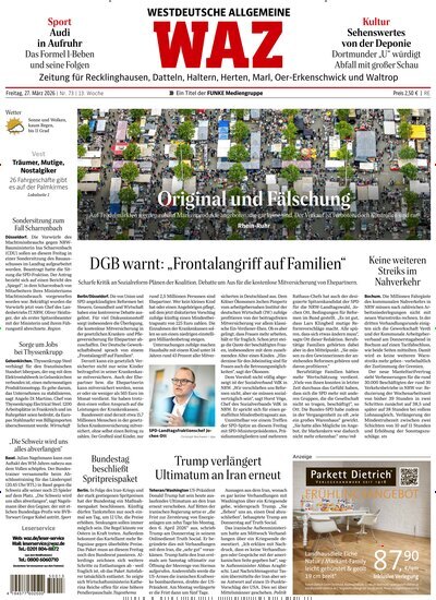 Titelbild der Ausgabe 73/2026 von WAZ Westdeutsche Allgemeine Zeitung für Recklinghausen. Diese Zeitschrift und viele weitere Zeitungsabos als Abo oder epaper bei United Kiosk online kaufen.