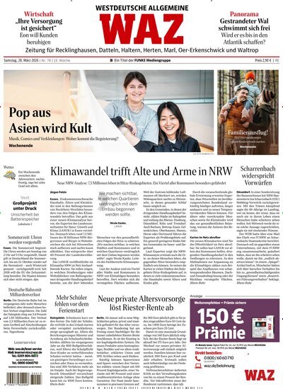 Titelbild der Ausgabe 74/2026 von WAZ Westdeutsche Allgemeine Zeitung für Recklinghausen. Diese Zeitschrift und viele weitere Zeitungsabos als Abo oder epaper bei United Kiosk online kaufen.