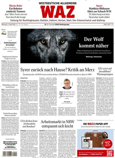 Titelbild der Ausgabe 77/2026 von WAZ Westdeutsche Allgemeine Zeitung für Recklinghausen. Diese Zeitschrift und viele weitere Zeitungsabos als Abo oder epaper bei United Kiosk online kaufen.