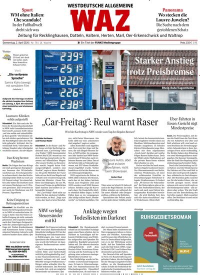 Titelbild der Ausgabe 78/2026 von WAZ Westdeutsche Allgemeine Zeitung für Recklinghausen. Diese Zeitschrift und viele weitere Zeitungsabos als Abo oder epaper bei United Kiosk online kaufen.