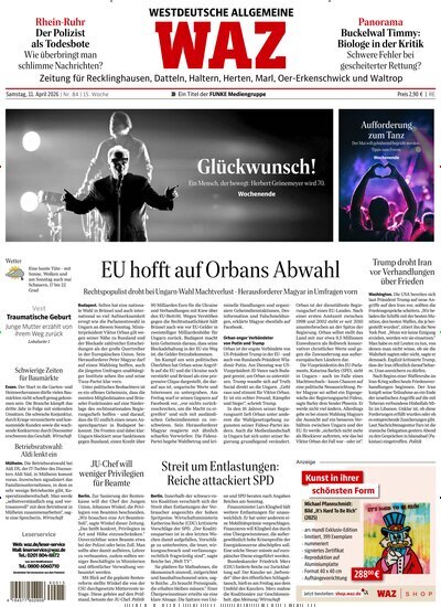 Titelbild der Ausgabe 84/2026 von WAZ Westdeutsche Allgemeine Zeitung für Recklinghausen. Diese Zeitschrift und viele weitere Zeitungsabos als Abo oder epaper bei United Kiosk online kaufen.