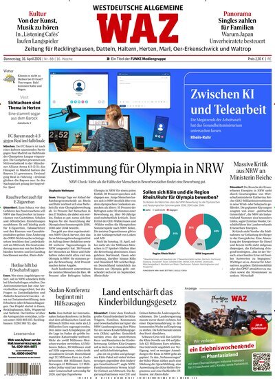 Titelbild der Ausgabe 88/2026 von WAZ Westdeutsche Allgemeine Zeitung für Recklinghausen. Diese Zeitschrift und viele weitere Zeitungsabos als Abo oder epaper bei United Kiosk online kaufen.