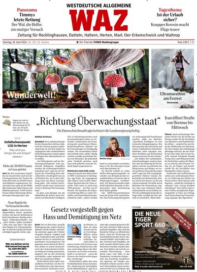 Titelbild der Ausgabe 90/2026 von WAZ Westdeutsche Allgemeine Zeitung für Recklinghausen. Diese Zeitschrift und viele weitere Zeitungsabos als Abo oder epaper bei United Kiosk online kaufen.