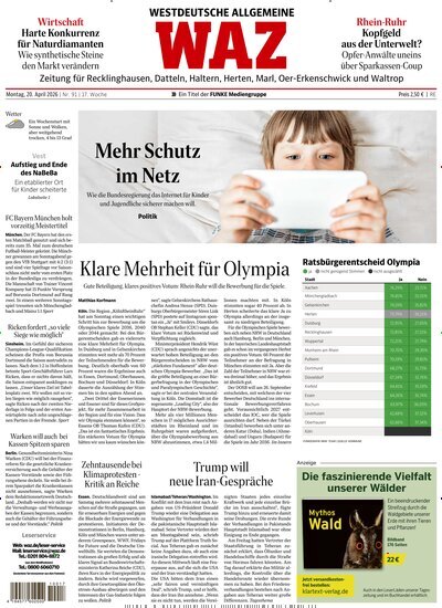 Titelbild der Ausgabe 91/2026 von WAZ Westdeutsche Allgemeine Zeitung für Recklinghausen. Diese Zeitschrift und viele weitere Zeitungsabos als Abo oder epaper bei United Kiosk online kaufen.