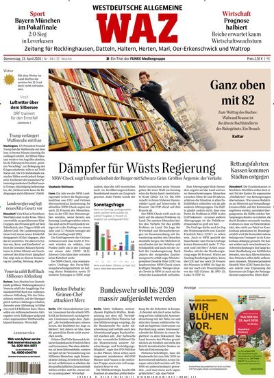 Titelbild der Ausgabe 94/2026 von WAZ Westdeutsche Allgemeine Zeitung für Recklinghausen. Diese Zeitschrift und viele weitere Zeitungsabos als Abo oder epaper bei United Kiosk online kaufen.