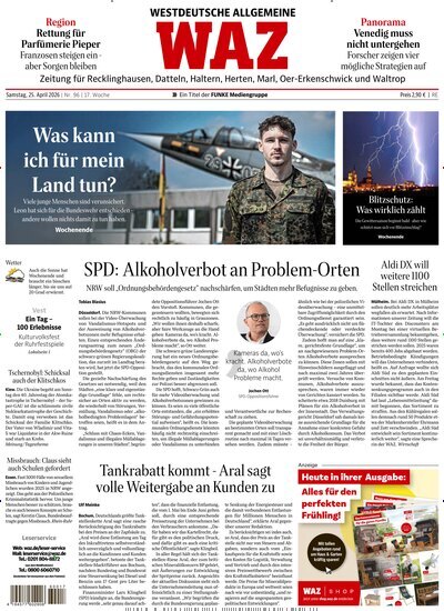Titelbild der Ausgabe 96/2026 von WAZ Westdeutsche Allgemeine Zeitung für Recklinghausen. Diese Zeitschrift und viele weitere Zeitungsabos als Abo oder epaper bei United Kiosk online kaufen.