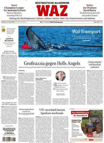 Titelbild der Ausgabe 99/2026 von WAZ Westdeutsche Allgemeine Zeitung für Recklinghausen. Diese Zeitschrift und viele weitere Zeitungsabos als Abo oder epaper bei United Kiosk online kaufen.