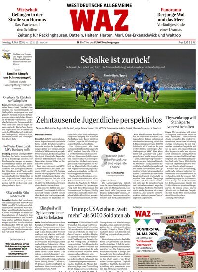 Titelbild der Ausgabe 102/2026 von WAZ Westdeutsche Allgemeine Zeitung für Recklinghausen. Diese Zeitschrift und viele weitere Zeitungsabos als Abo oder epaper bei United Kiosk online kaufen.