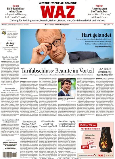 Titelbild der Ausgabe 104/2026 von WAZ Westdeutsche Allgemeine Zeitung für Recklinghausen. Diese Zeitschrift und viele weitere Zeitungsabos als Abo oder epaper bei United Kiosk online kaufen.