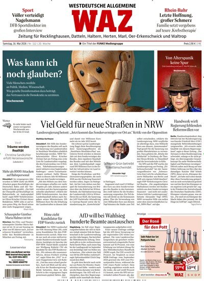 Titelbild der Ausgabe 112/2026 von WAZ Westdeutsche Allgemeine Zeitung für Recklinghausen. Diese Zeitschrift und viele weitere Zeitungsabos als Abo oder epaper bei United Kiosk online kaufen.