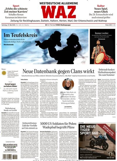 Titelbild der Ausgabe 118/2026 von WAZ Westdeutsche Allgemeine Zeitung für Recklinghausen. Diese Zeitschrift und viele weitere Zeitungsabos als Abo oder epaper bei United Kiosk online kaufen.
