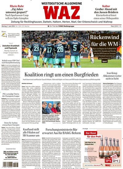 Titelbild der Ausgabe 124/2026 von WAZ Westdeutsche Allgemeine Zeitung für Recklinghausen. Diese Zeitschrift und viele weitere Zeitungsabos als Abo oder epaper bei United Kiosk online kaufen.