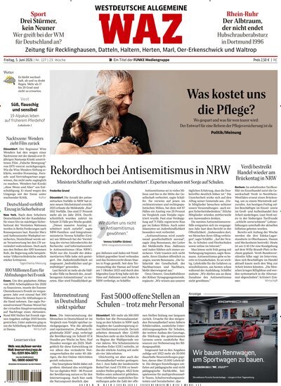 Titelbild der Ausgabe 127/2026 von WAZ Westdeutsche Allgemeine Zeitung für Recklinghausen. Diese Zeitschrift und viele weitere Zeitungsabos als Abo oder epaper bei United Kiosk online kaufen.